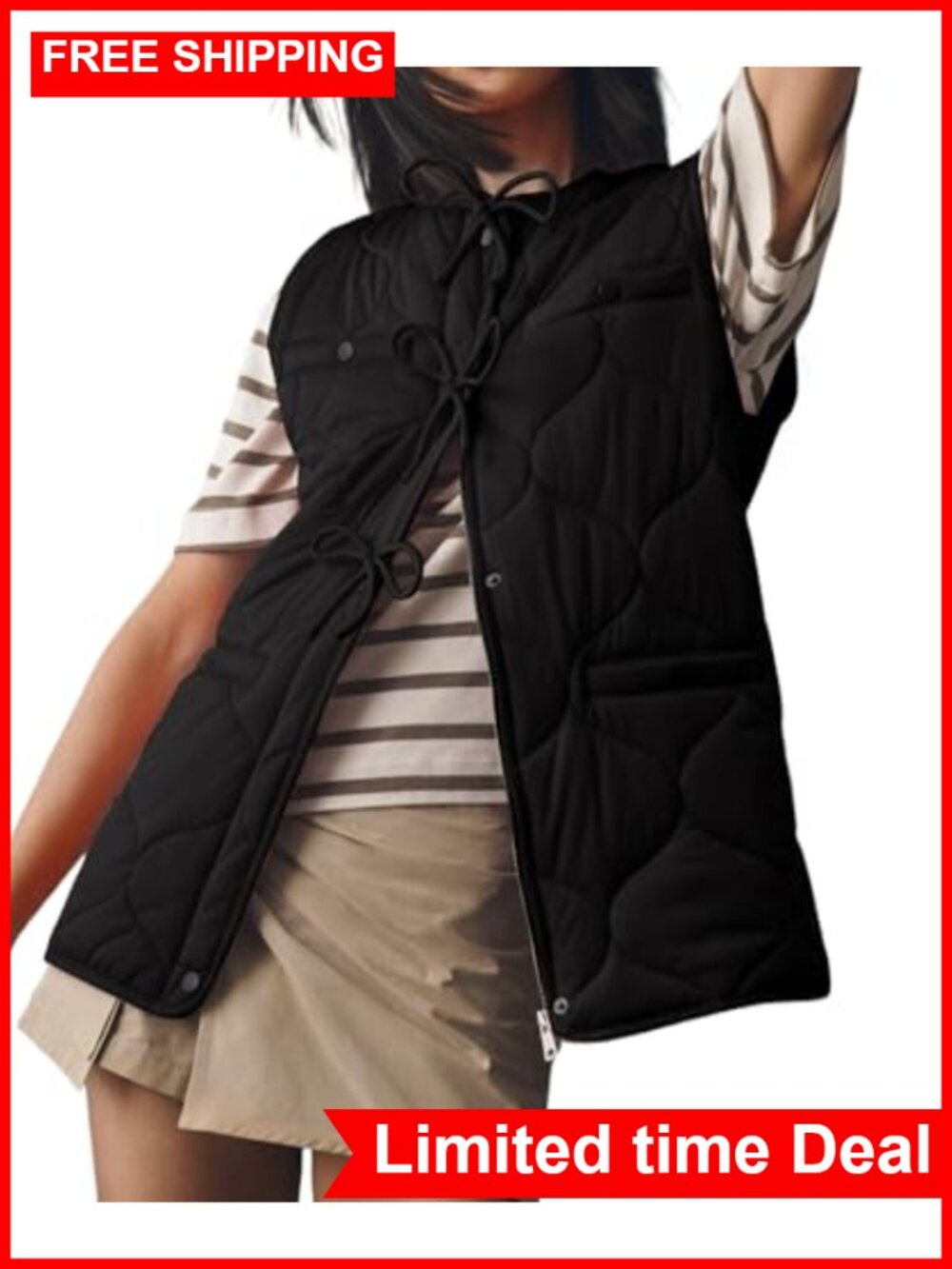 Quilted Puffer Vest Collarless Snap Bow Lightweight Padded Winter Outerwear